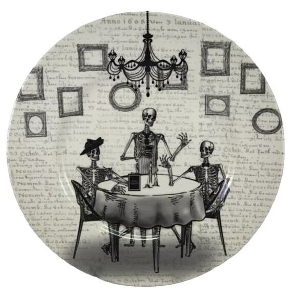 4pc ROYAL STAFFORD Porcelain Halloween Dinner Plates 11" Skeleton Restaurant - Picture 1 of 10